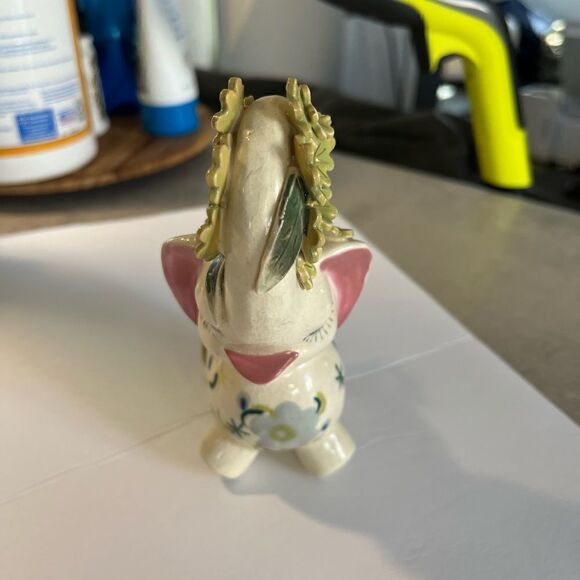 A decorated Elephant? Ceramic. Pink ears. Nose in air. Flowers on trunk. Eyelash - Picture 4 of 14